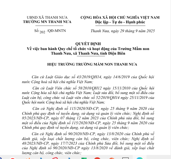 Quyết định Về việc ban hành Quy chế tổ chức và hoạt động của Trường Mầm non Thanh Nưa, xã Thanh Nưa